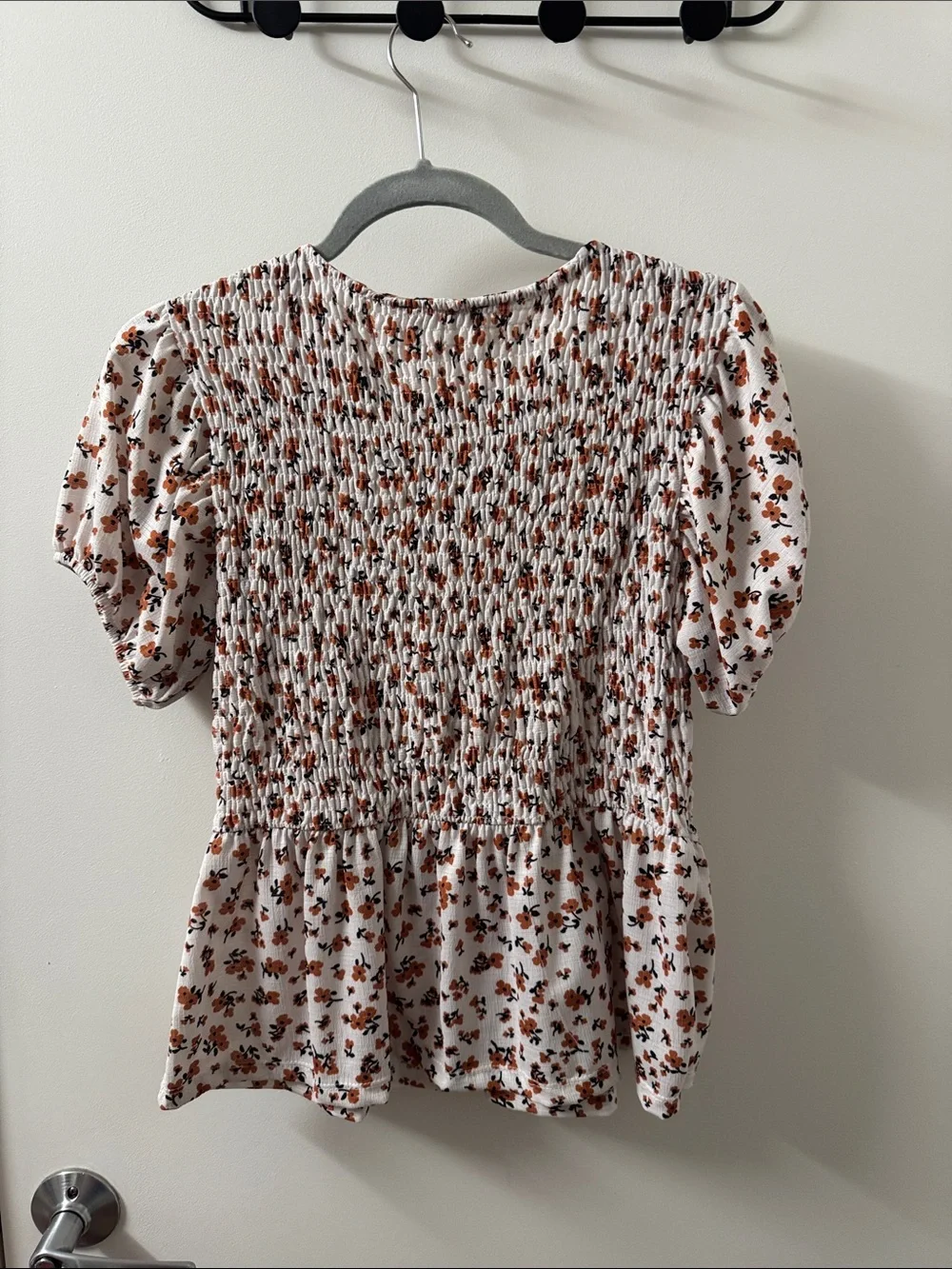 ZARA Smocked Floral Peplum Top - White with Brown Floral